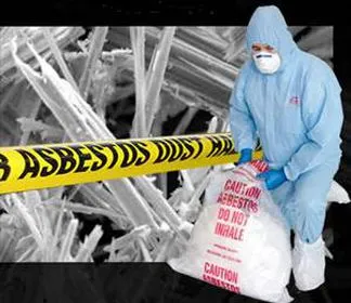 A person in a hazmat suit holding a page of asbestos